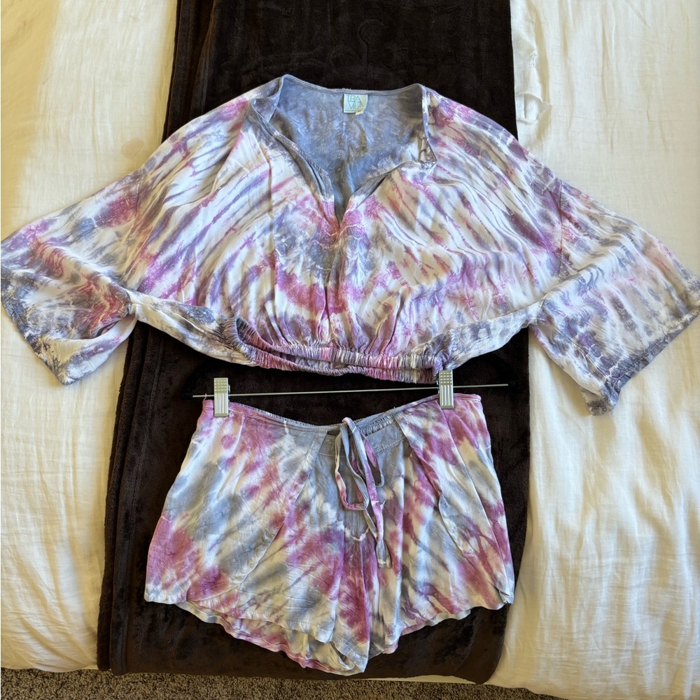 Purple, blue, and white short set.